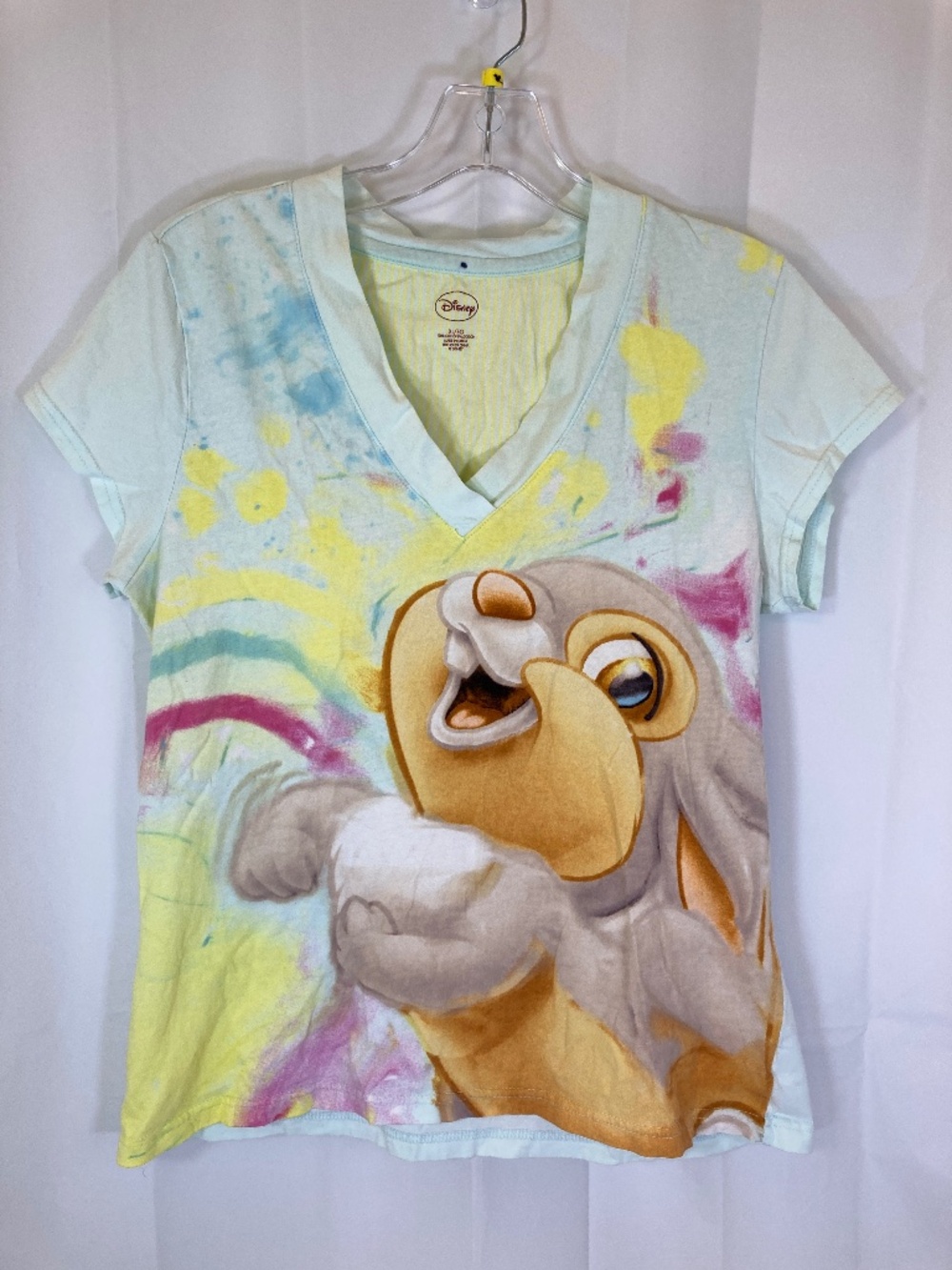 Disney Thumper Green Short Sleeve Shirt Sz XL Juniors V Neck Black Dot
